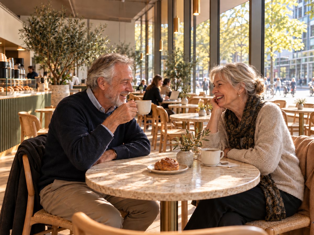 Ouder stel uit de buurt lacht samen bij filterkoffie en een cinnamon bun
