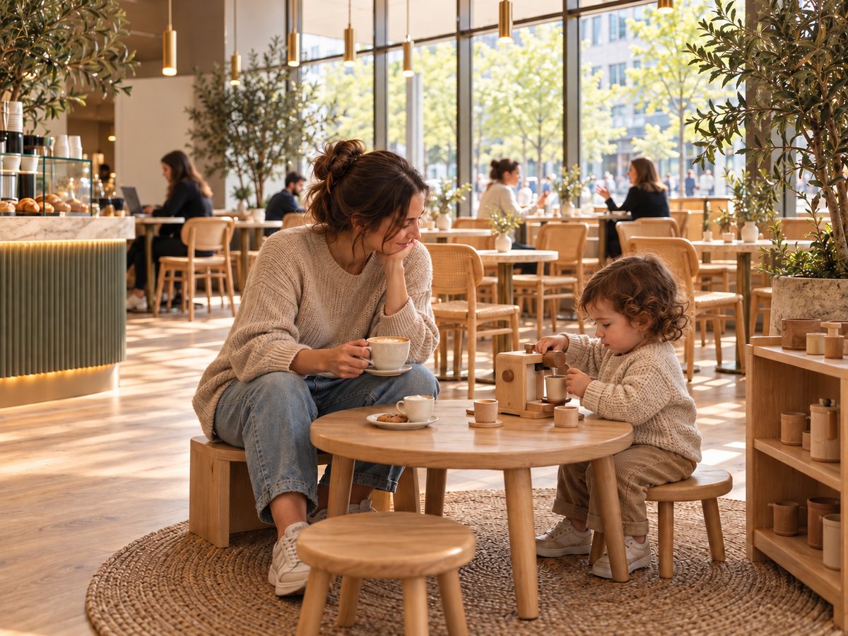 Moeder met koffie terwijl haar kind speelt in de Little Bay Café-hoek