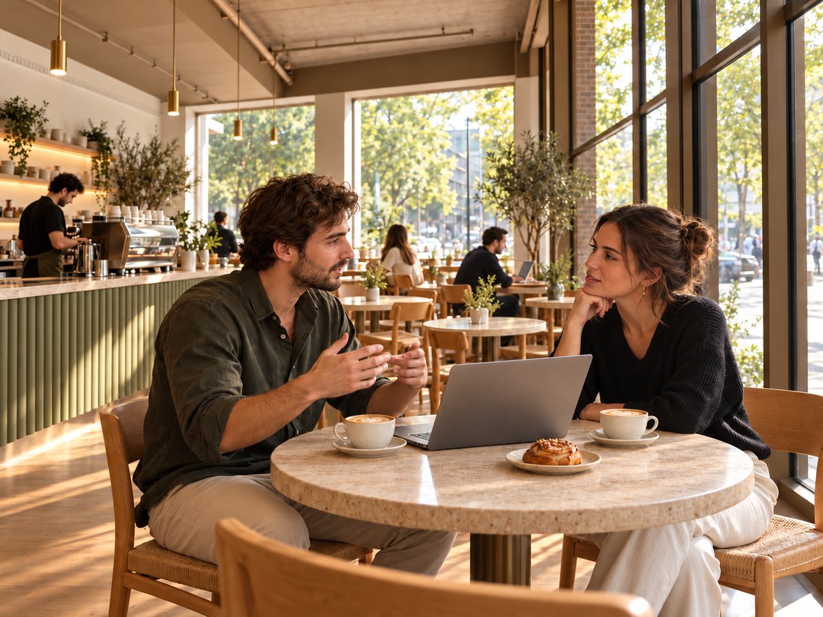 Twee professionals in een informeel overleg met cappuccino en laptop
