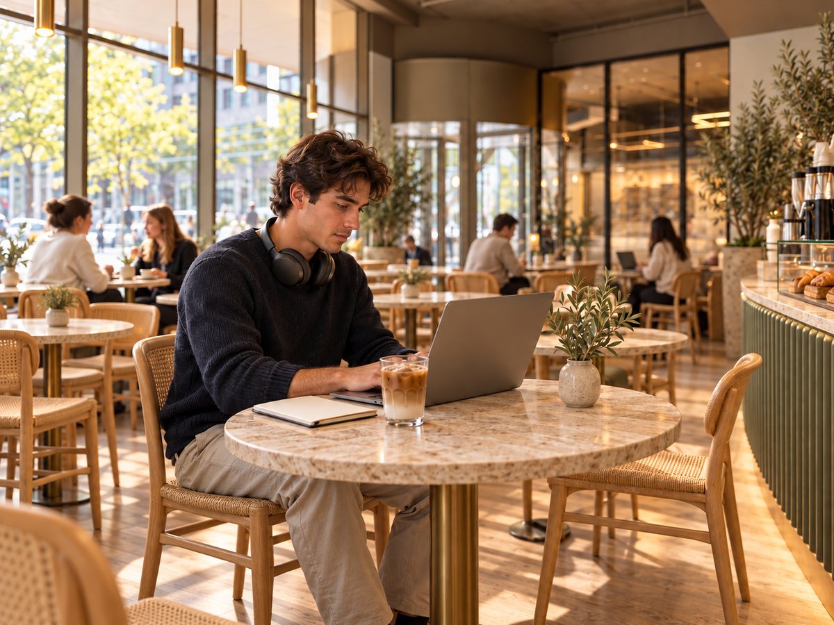 Student met koptelefoon werkt op zijn laptop aan een ronde tafel
