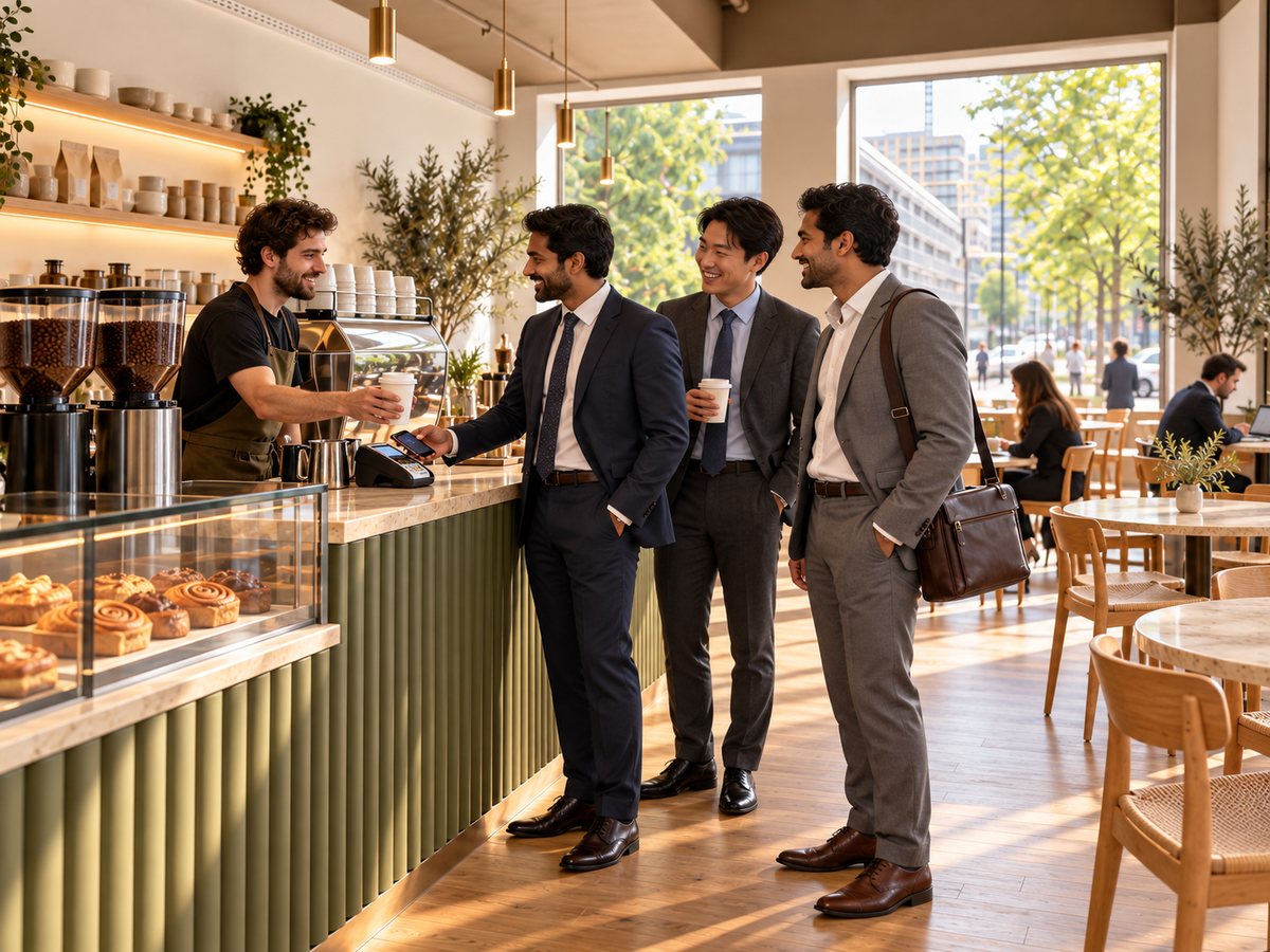 Drie zakenmannen in pak bestellen koffie aan de bar en betalen met hun telefoon