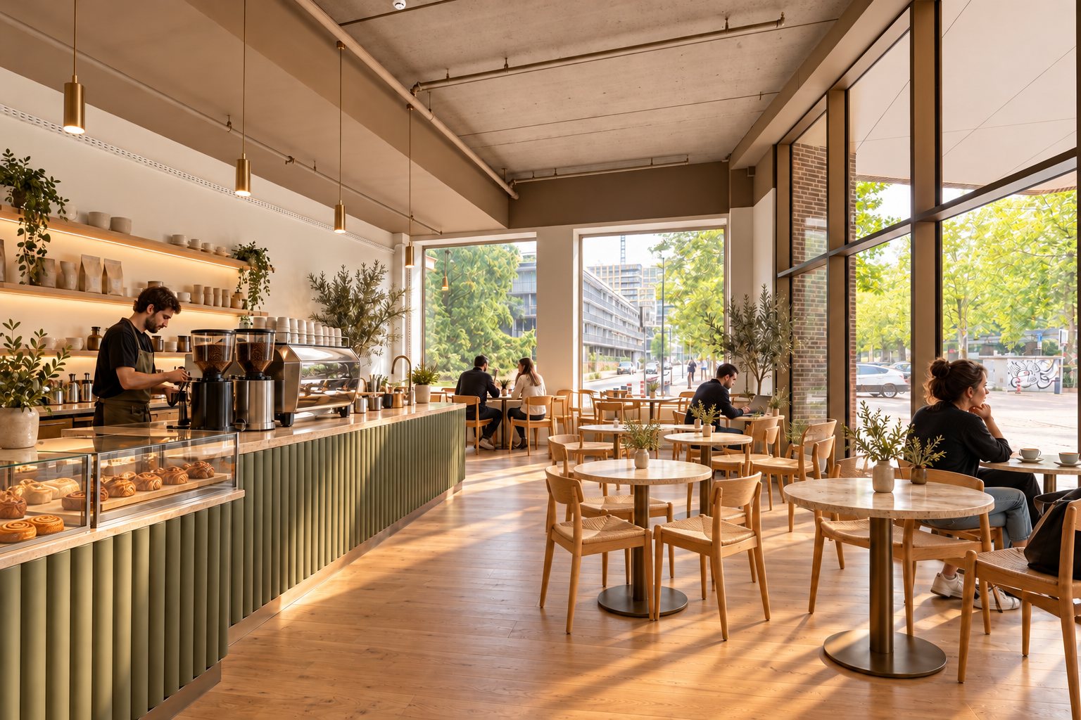 Sfeerimpressie van de koffiebar langs de wand, met tafeltjes voor de ramen
