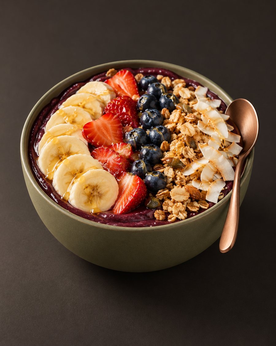 Açaí bowl met banaan, aardbei, blauwe bes en granola