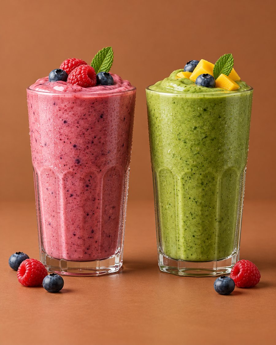 Roze bessensmoothie en groene mango-smoothie